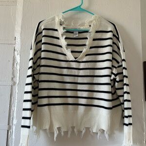 Frayed V-Neck Striped Sweater
